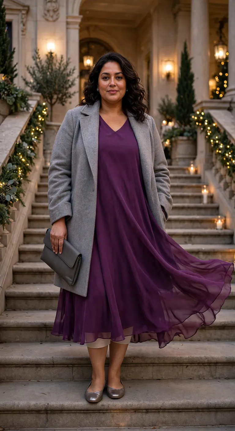 plum chiffon midi with metallic flats