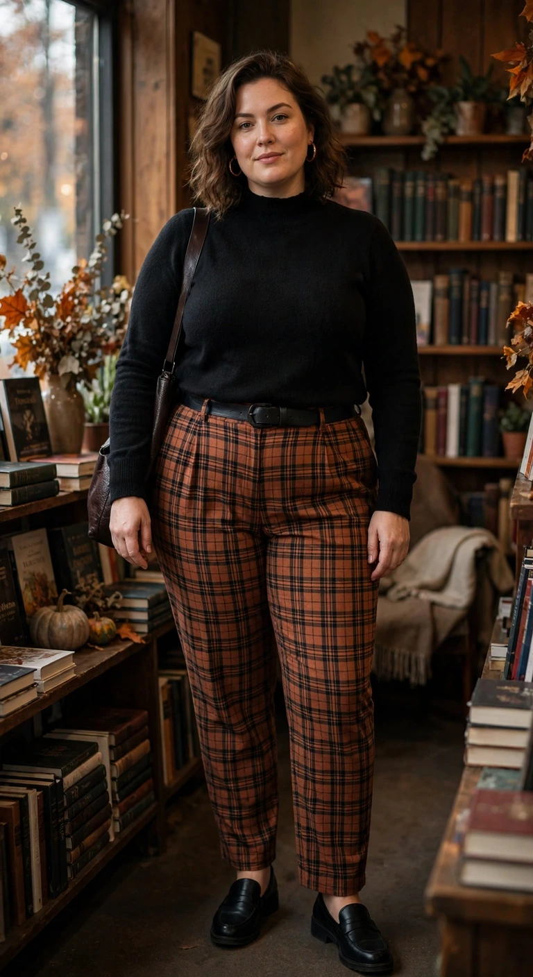 rust plaid trousers with a black mock neck