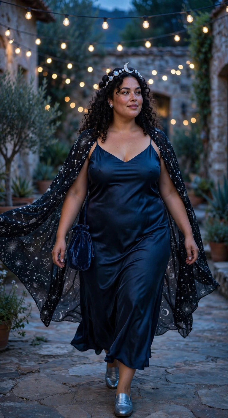 midnight slip dress under a starry cape