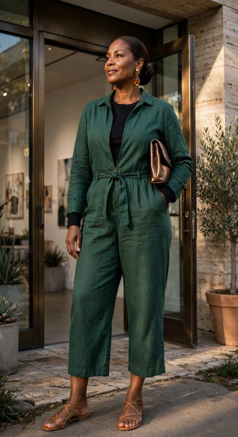 coral jumpsuit with bronze sandals