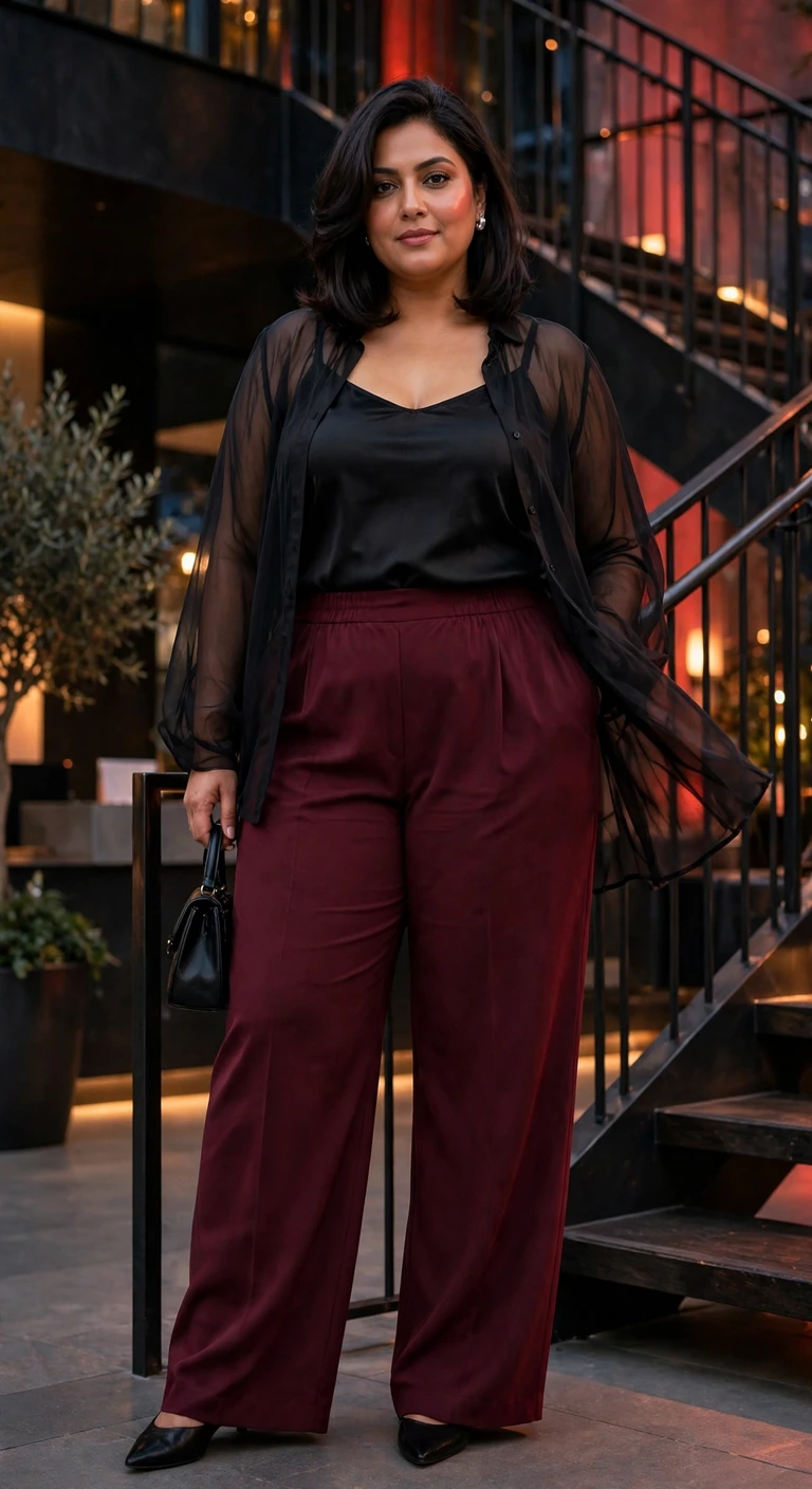 oxblood trousers with a sheer black blouse