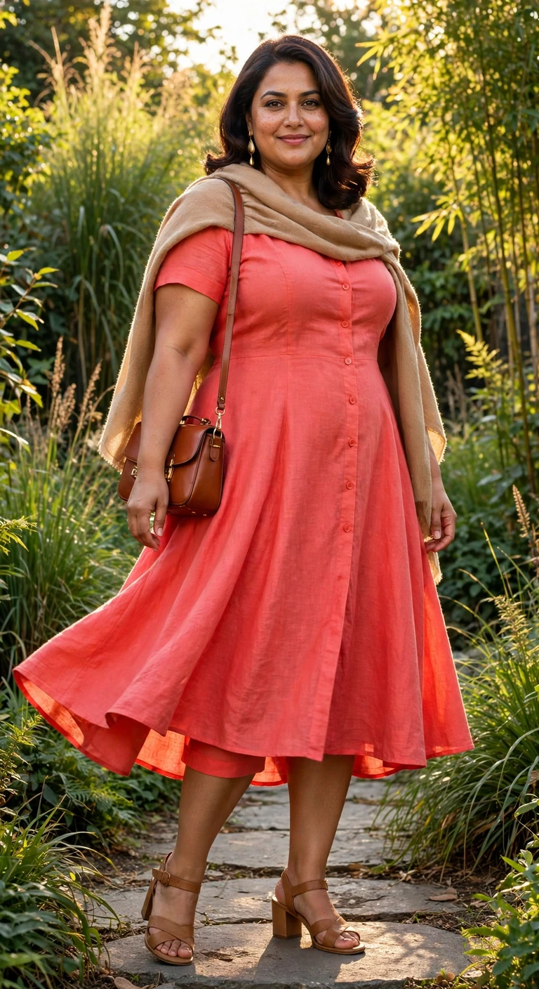 coral a line dress with tan block heels