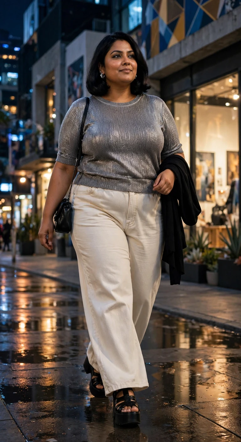 pewter knit top with ecru wide leg jeans