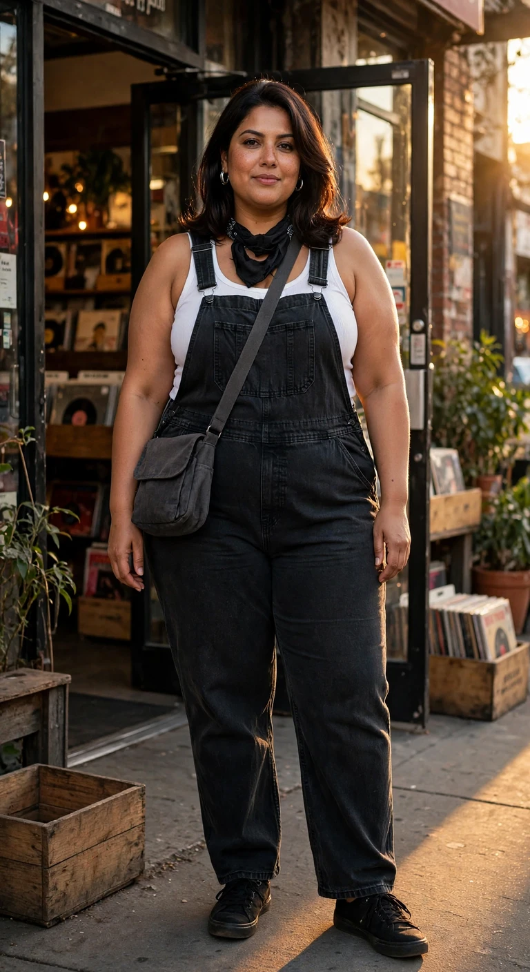 washed black overalls with a white tank