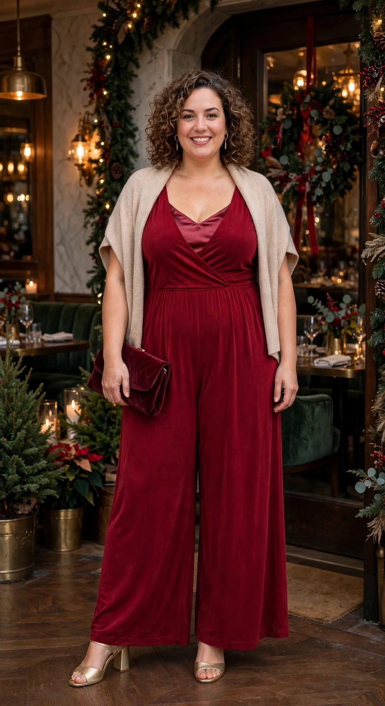 ruby wide-leg jumpsuit with metallic heels