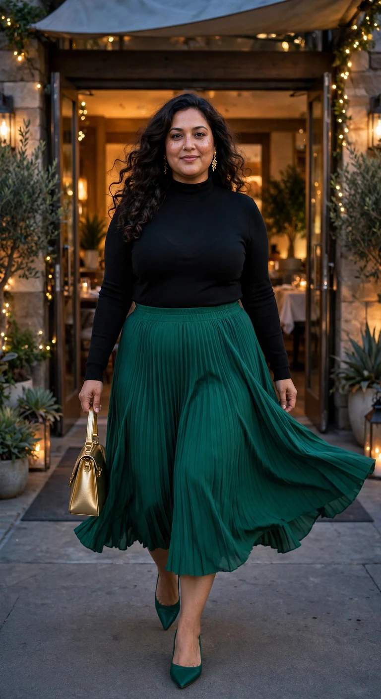 emerald pleated skirt and black mock-neck top