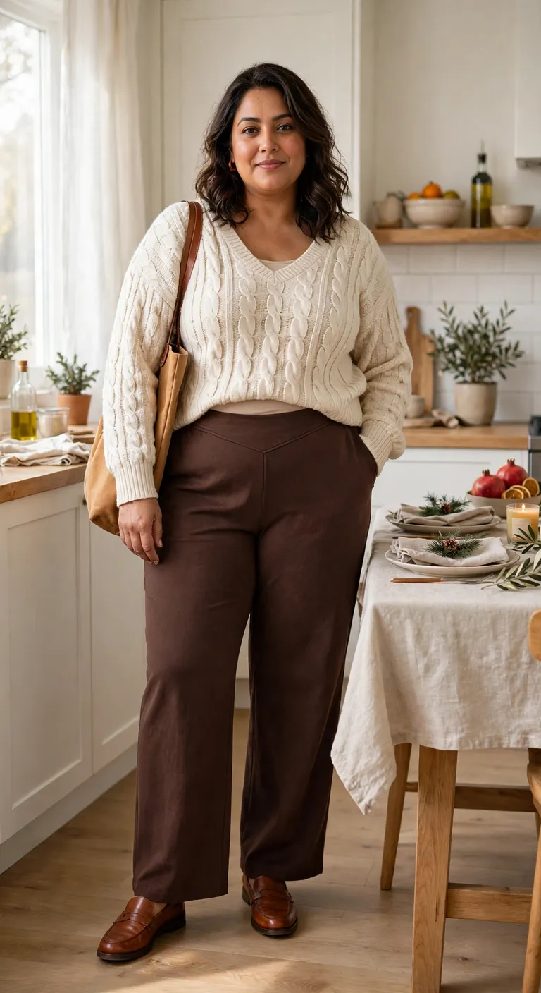chocolate wide-leg trousers with a cream cable sweater