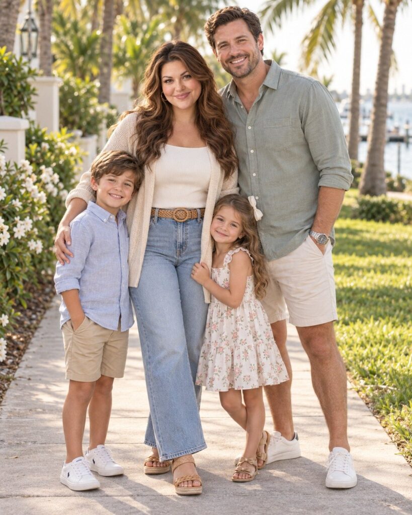 Emily Dawson with her husband and their two children on a sunny walk
