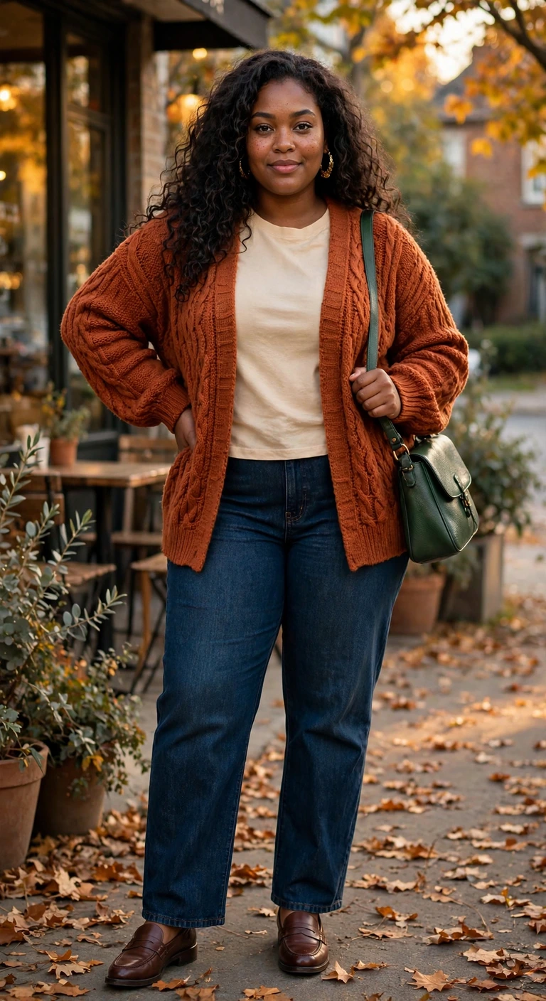 rust cardigan with dark indigo straight jeans