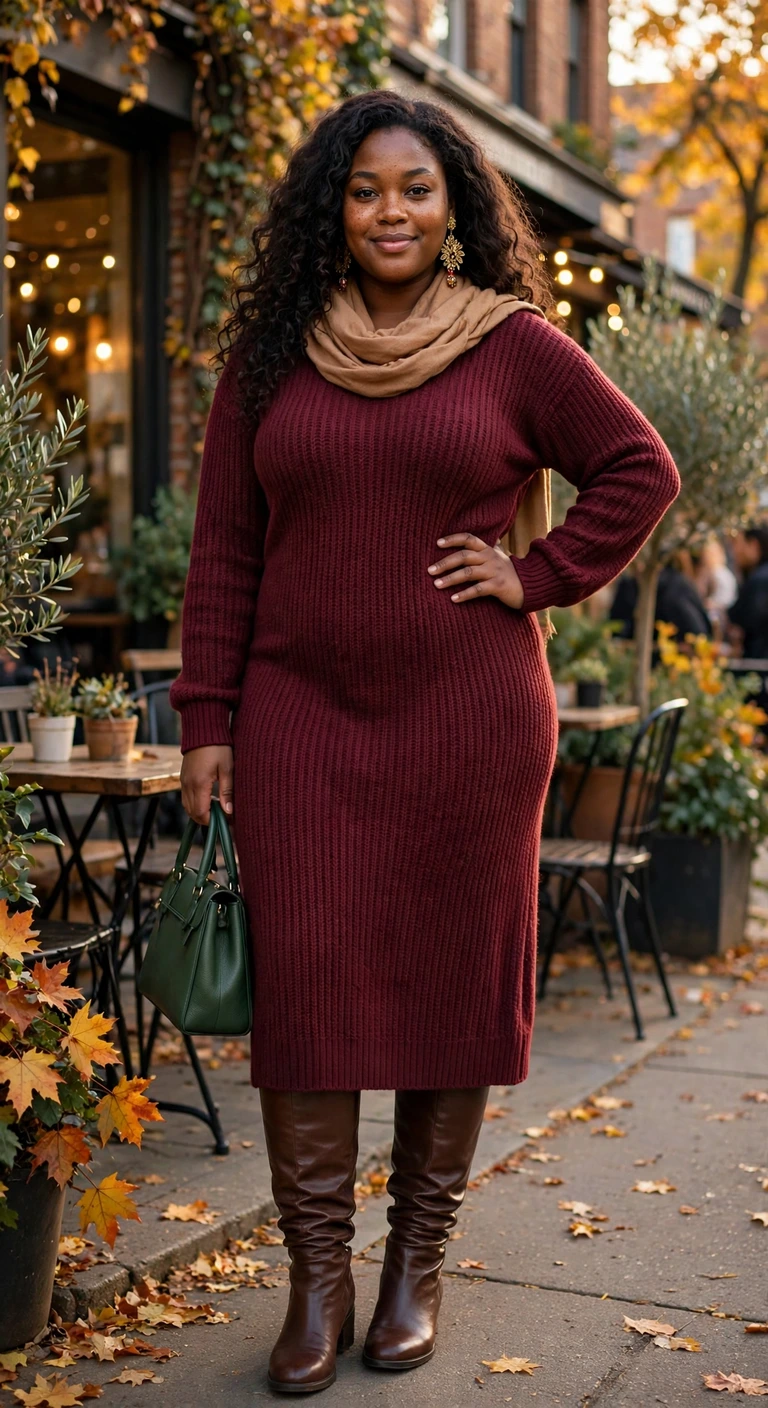 burgundy sweater dress with chocolate knee-high boots