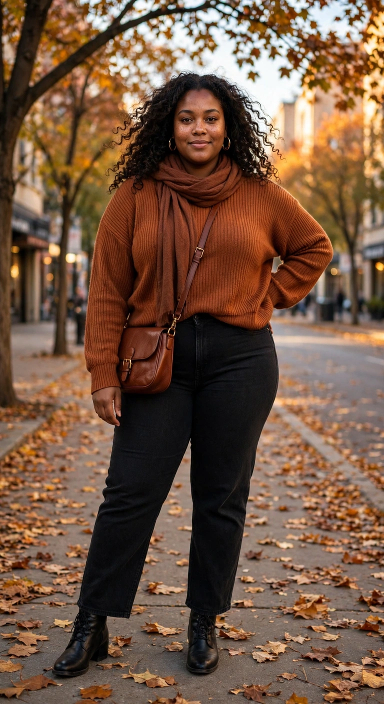 rust ribbed sweater with black straight-leg jeans