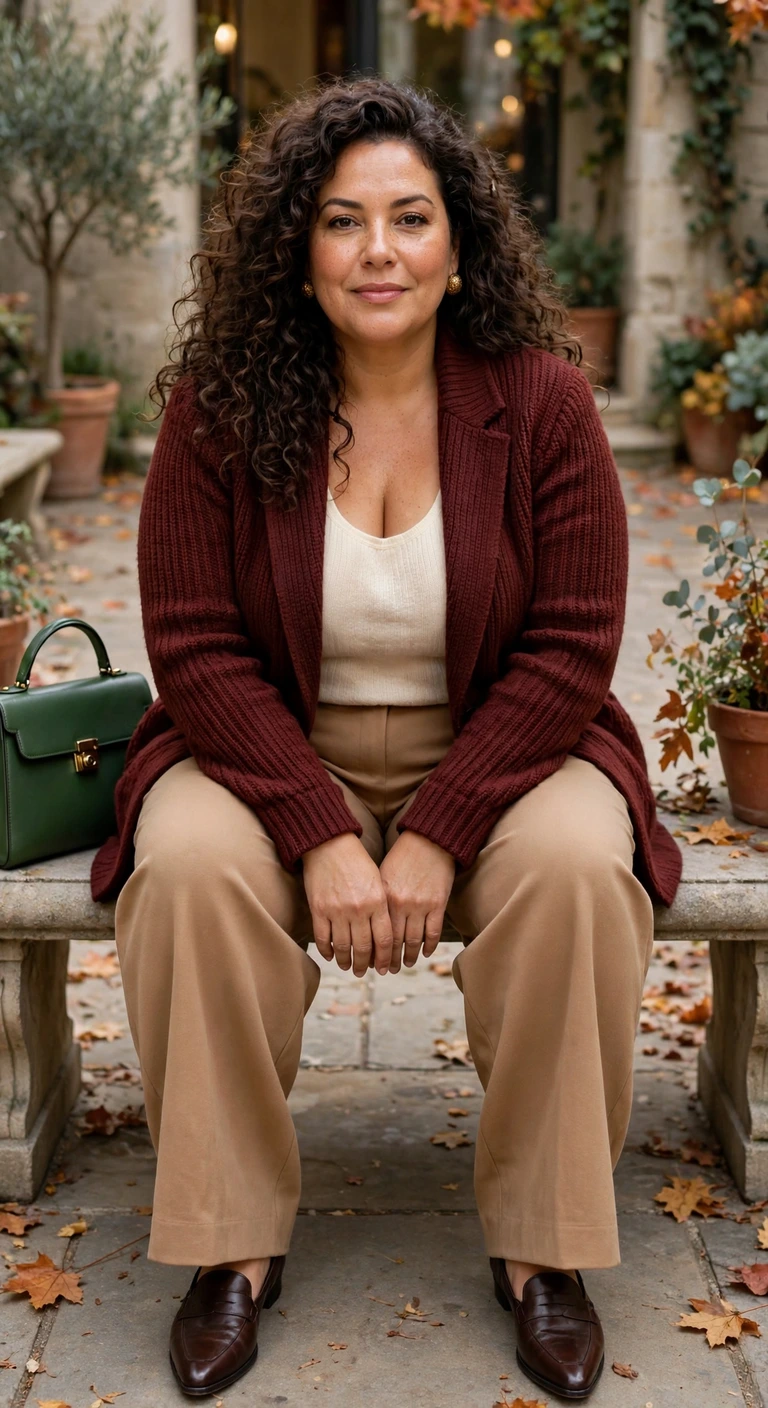 oxblood knit blazer with camel trousers