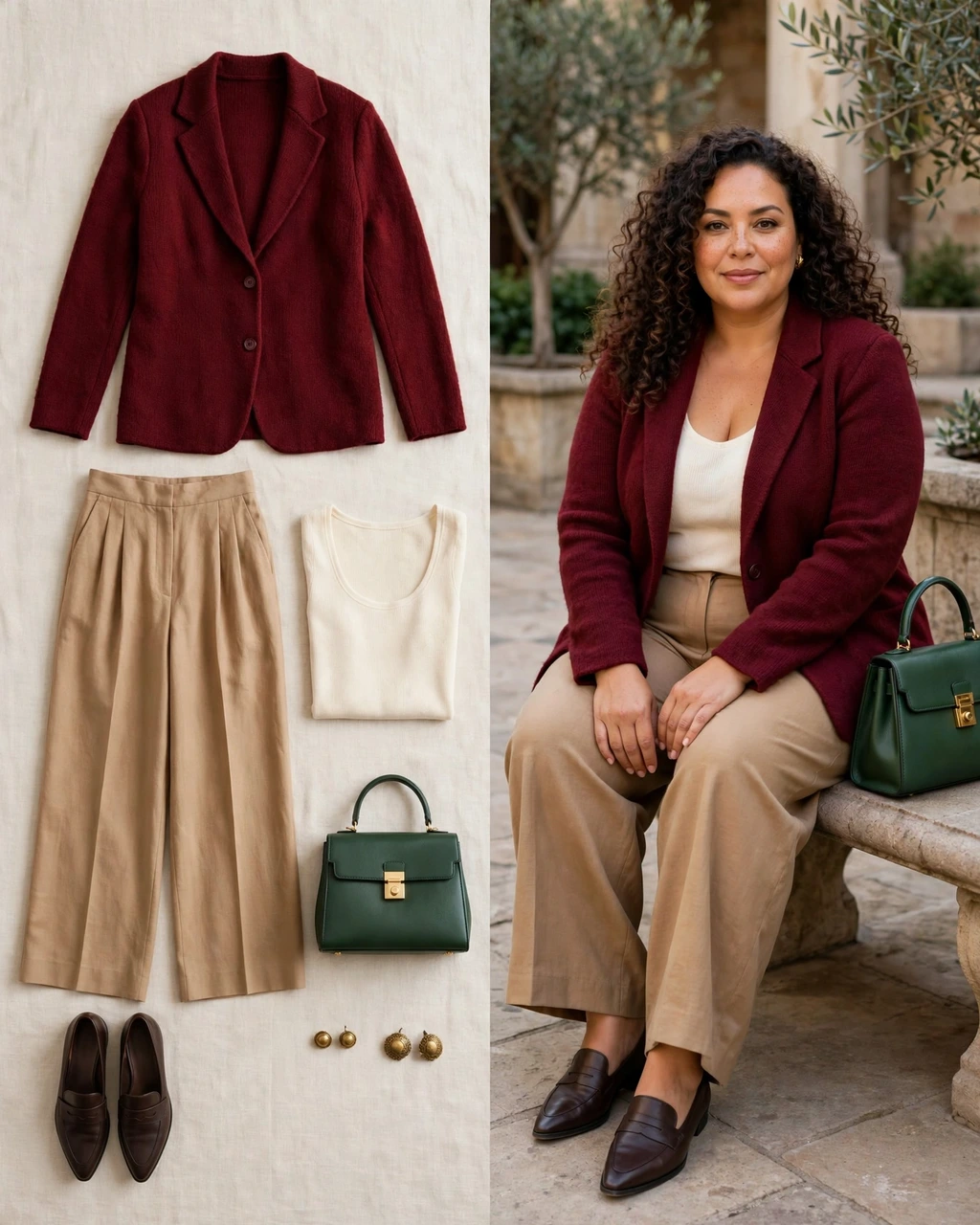 oxblood knit blazer with camel trousers