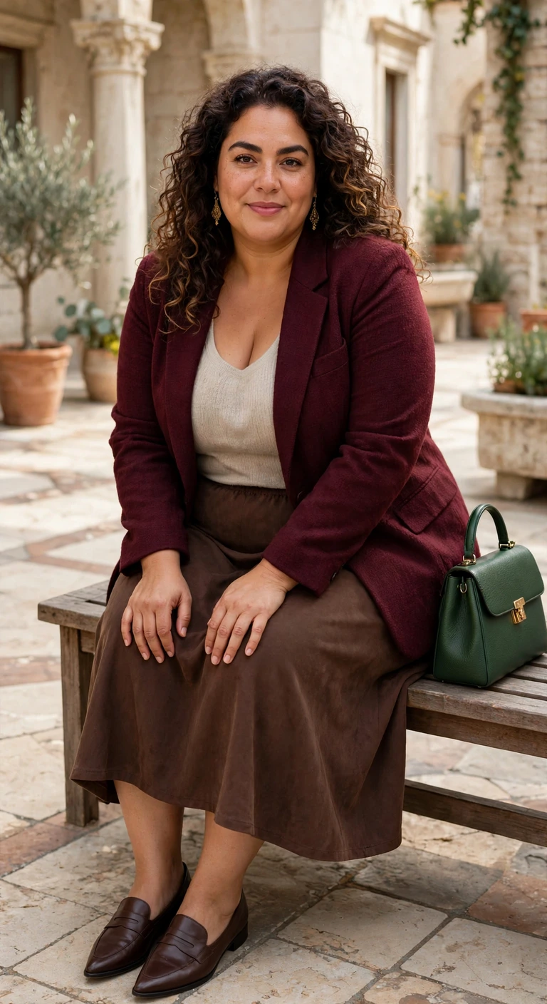 chocolate midi skirt with a burgundy knit blazer
