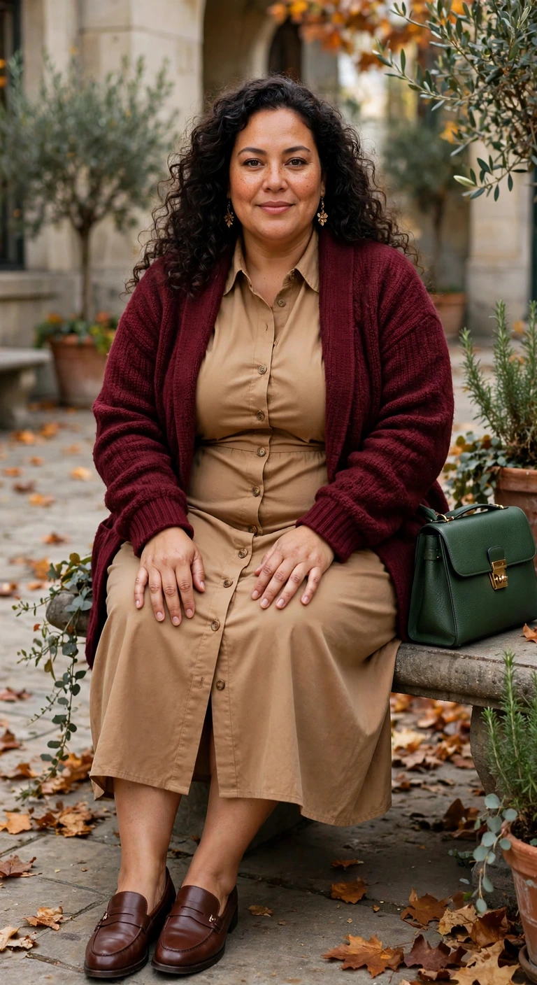 camel shirt dress with a burgundy knit blazer
