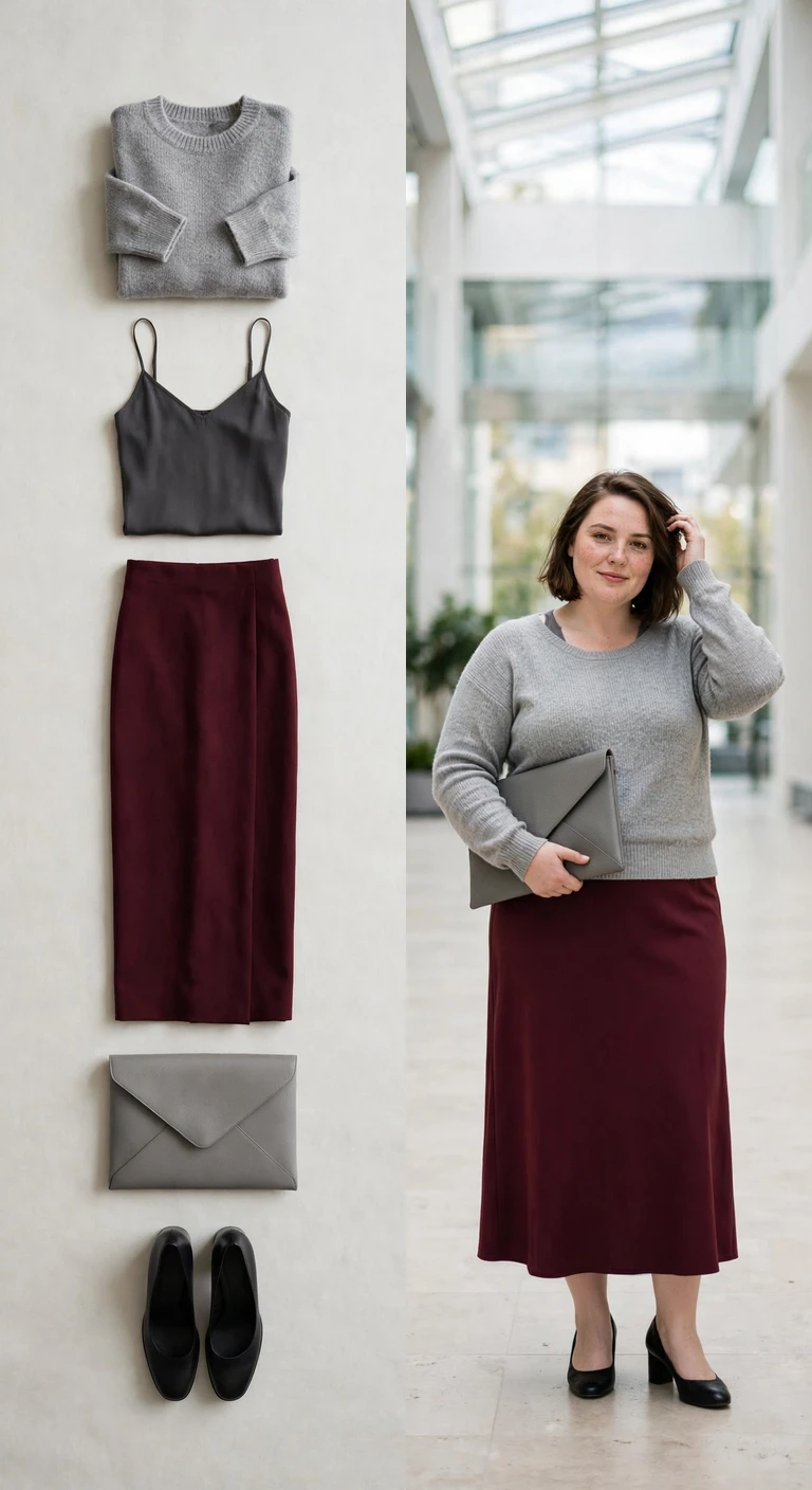 burgundy column skirt with a soft gray crewneck
