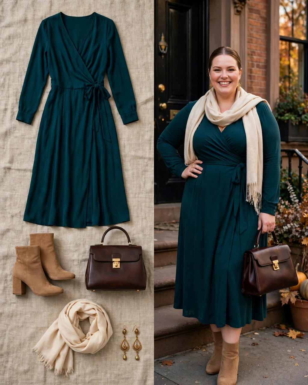 deep teal wrap dress with camel ankle boots