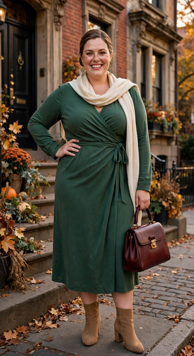 forest wrap dress with camel ankle boots