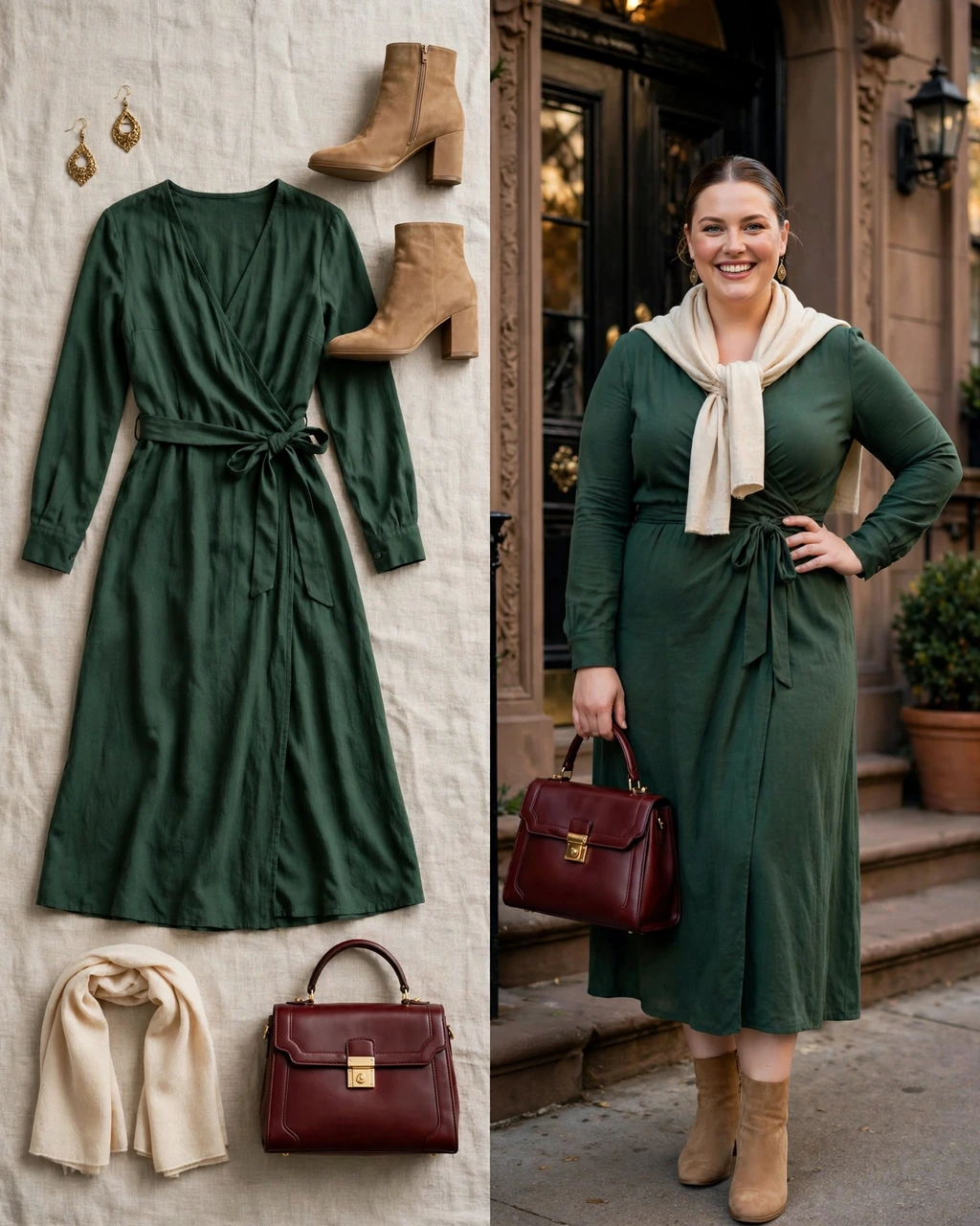 forest wrap dress with camel ankle boots