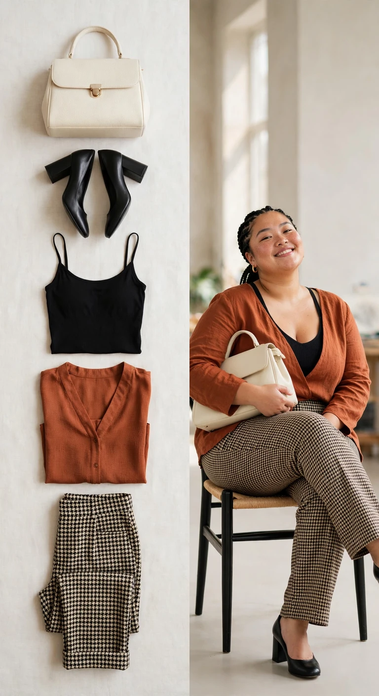 houndstooth pants, rust blouse and block-heel pumps