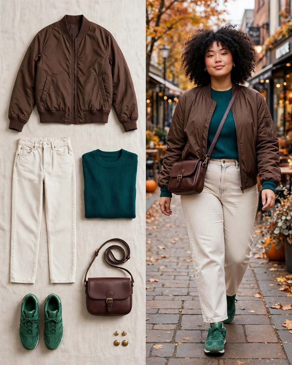 chocolate bomber with ecru straight jeans