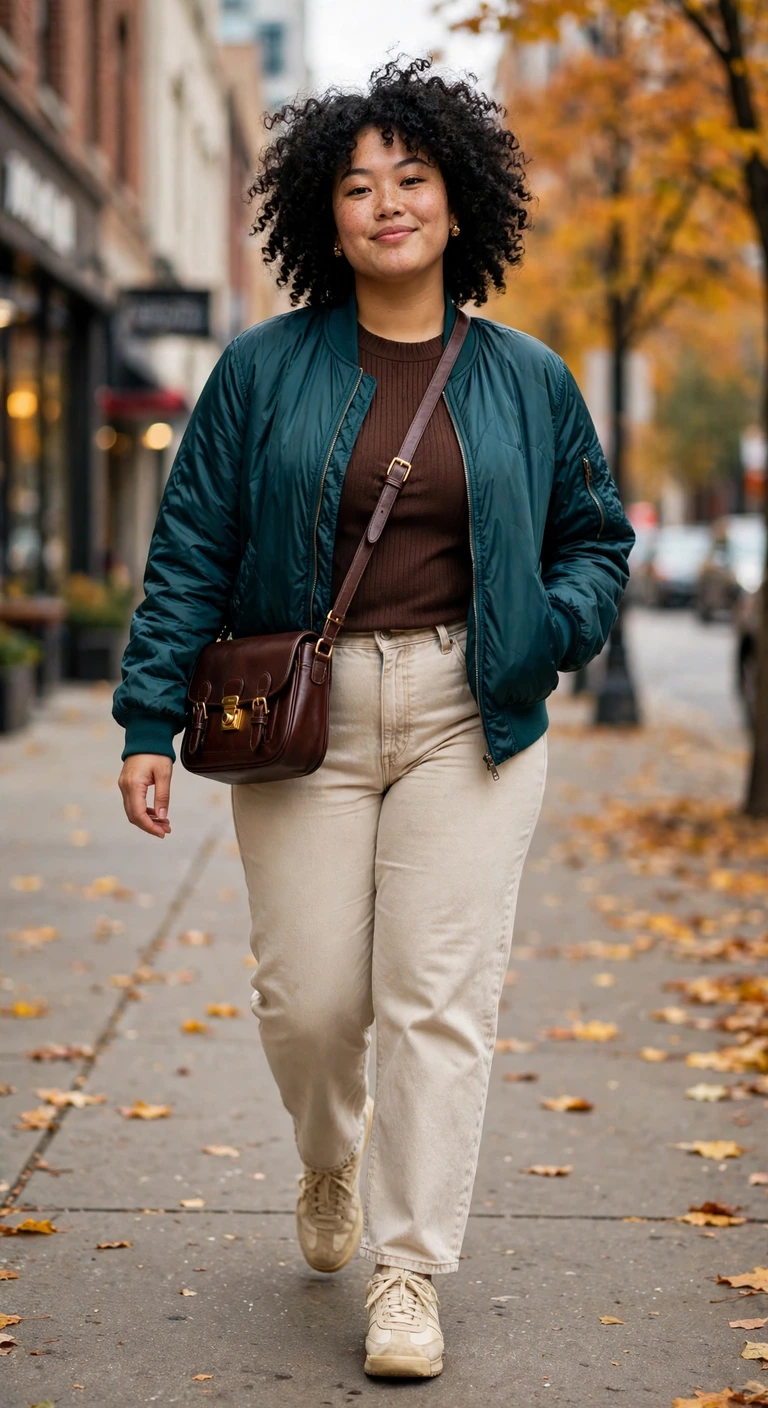 deep teal bomber with ecru straight jeans