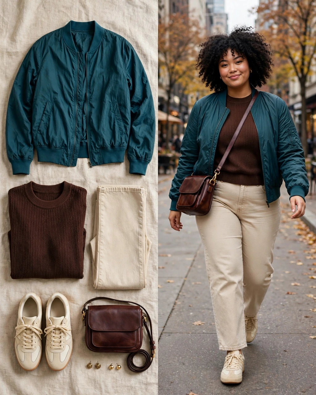 deep teal bomber with ecru straight jeans
