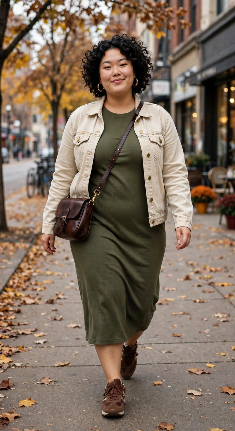olive jersey dress with an ecru denim jacket