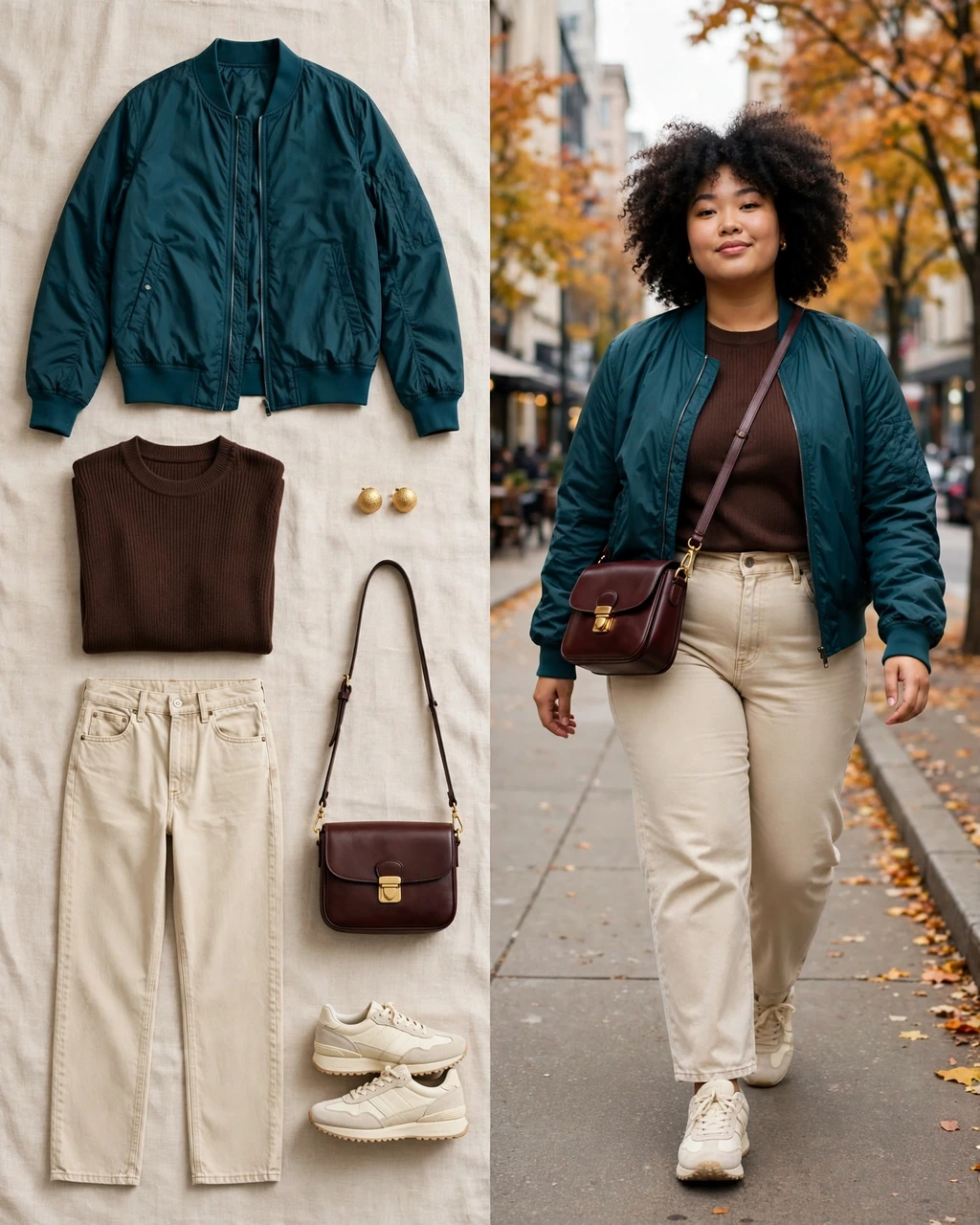 deep teal bomber with ecru straight jeans