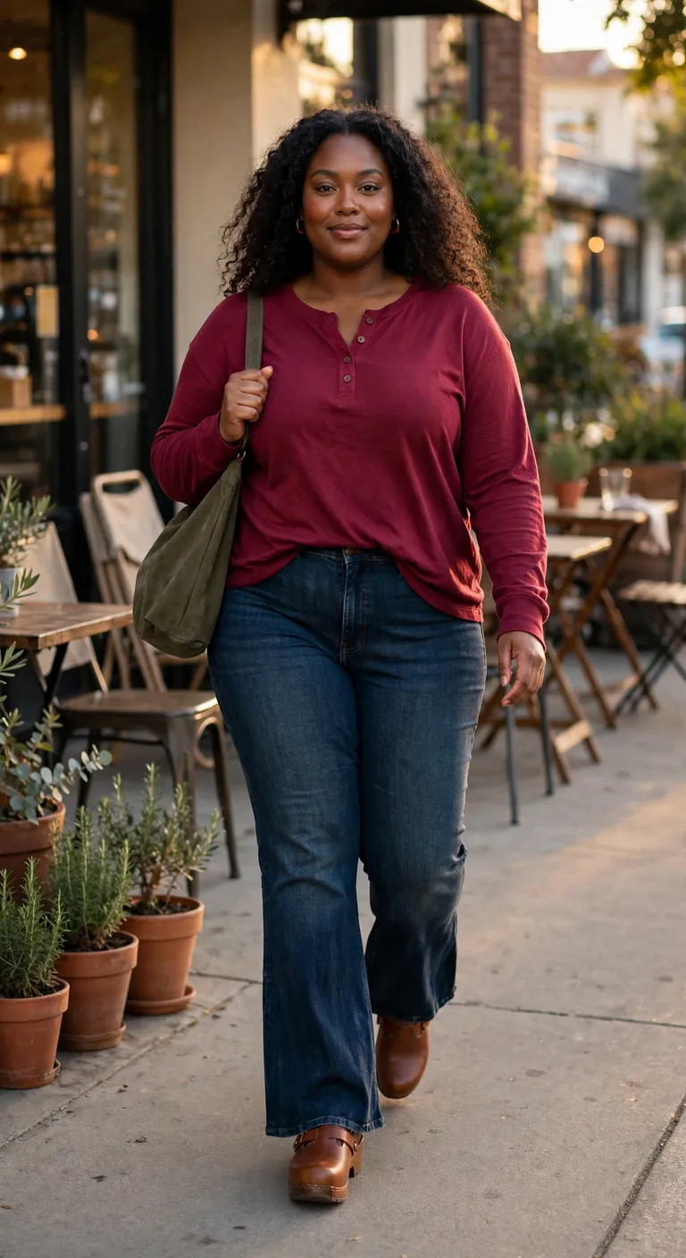 cranberry henley with dark-wash bootcut jeans
