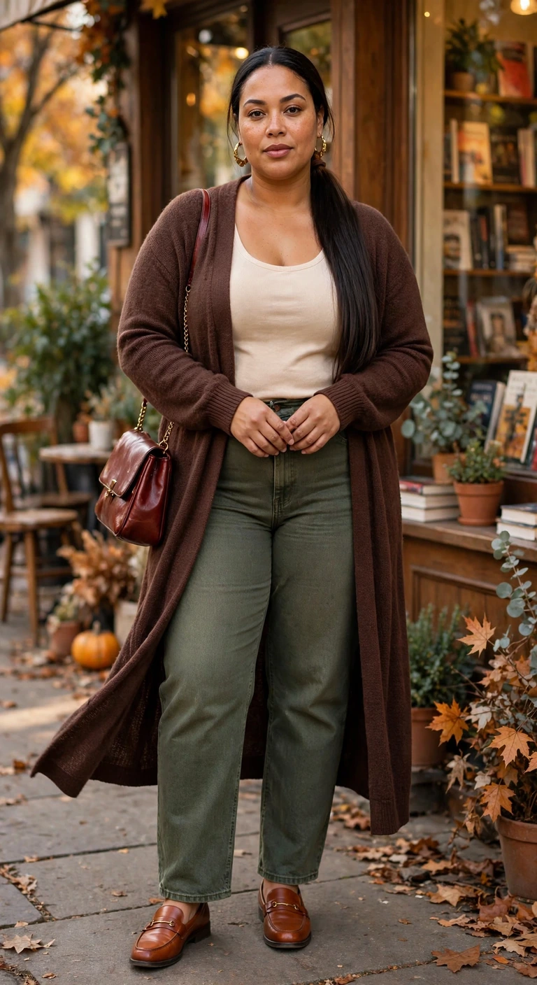 chocolate longline cardigan with olive jeans