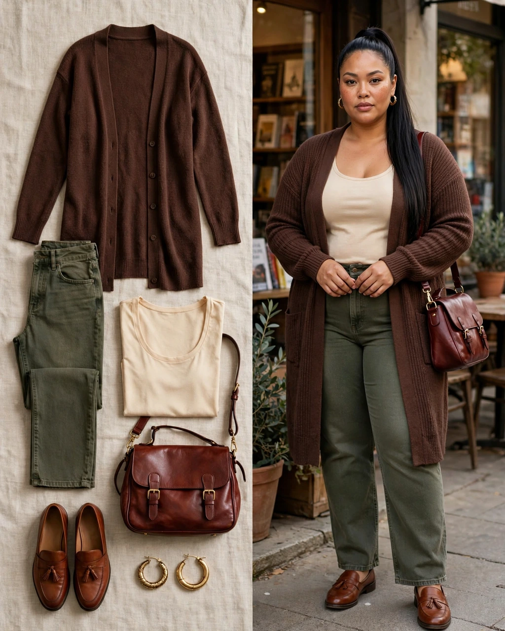 chocolate longline cardigan with olive straight jeans
