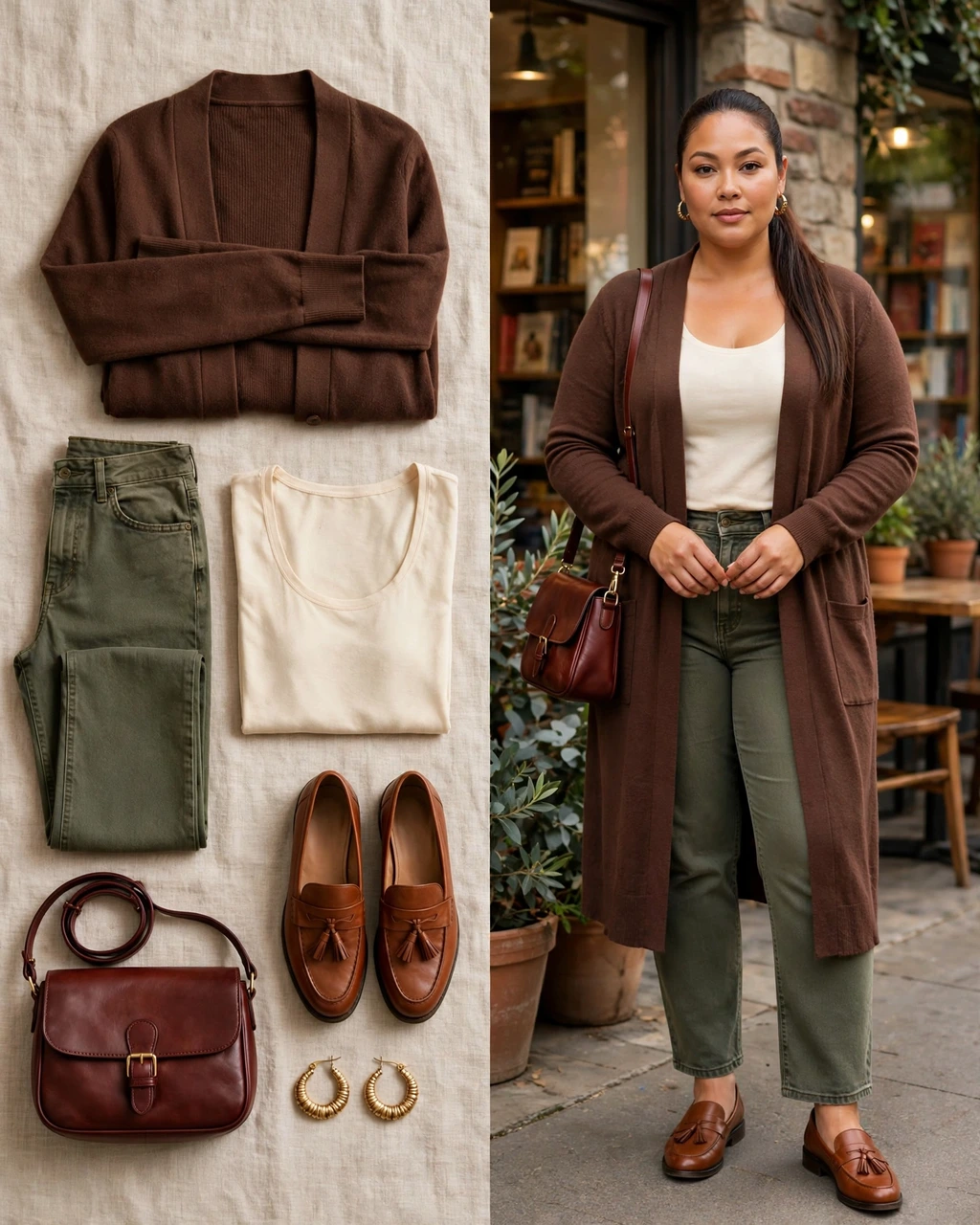 chocolate long cardigan with olive jeans