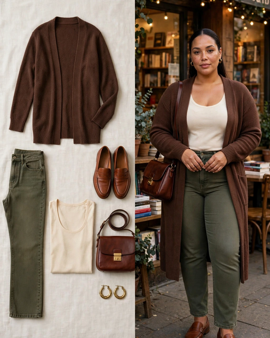 chocolate longline cardigan with olive jeans