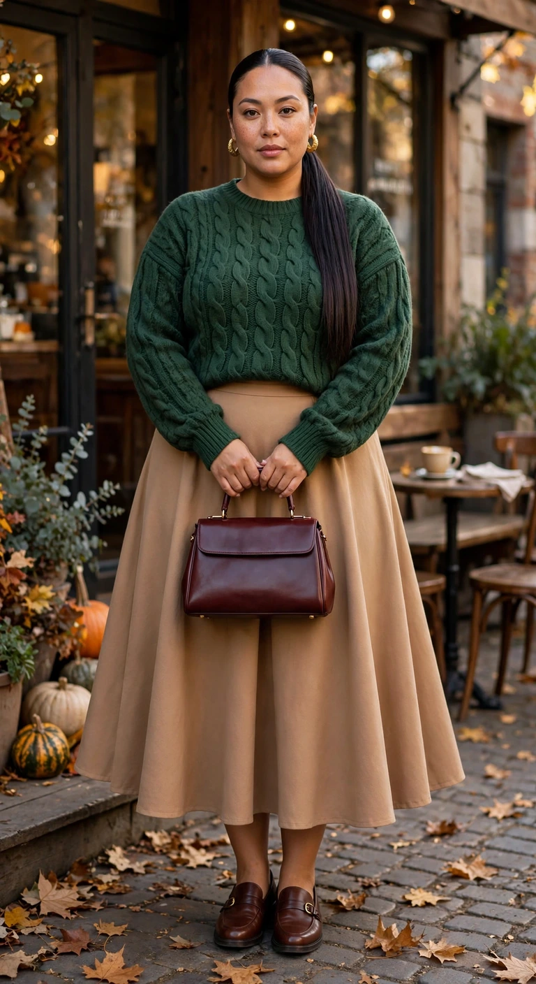 camel a-line skirt with a forest cable-knit sweater