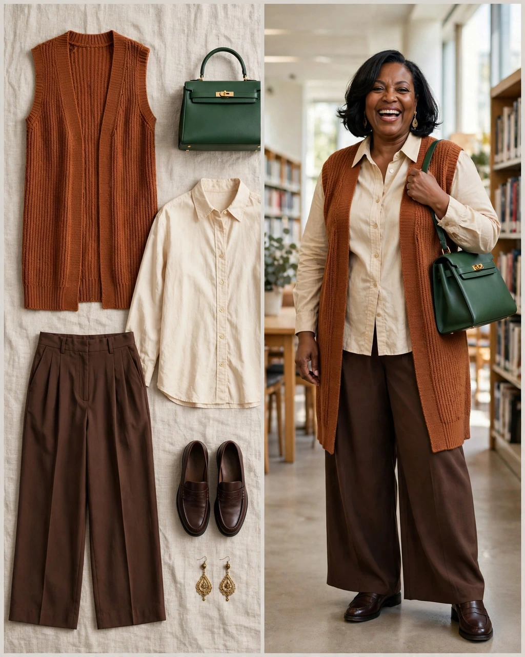 rust sweater vest with chocolate wide-leg trousers