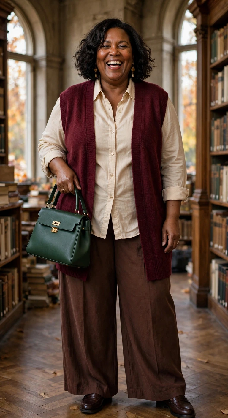 burgundy sweater vest with chocolate wide-leg trousers