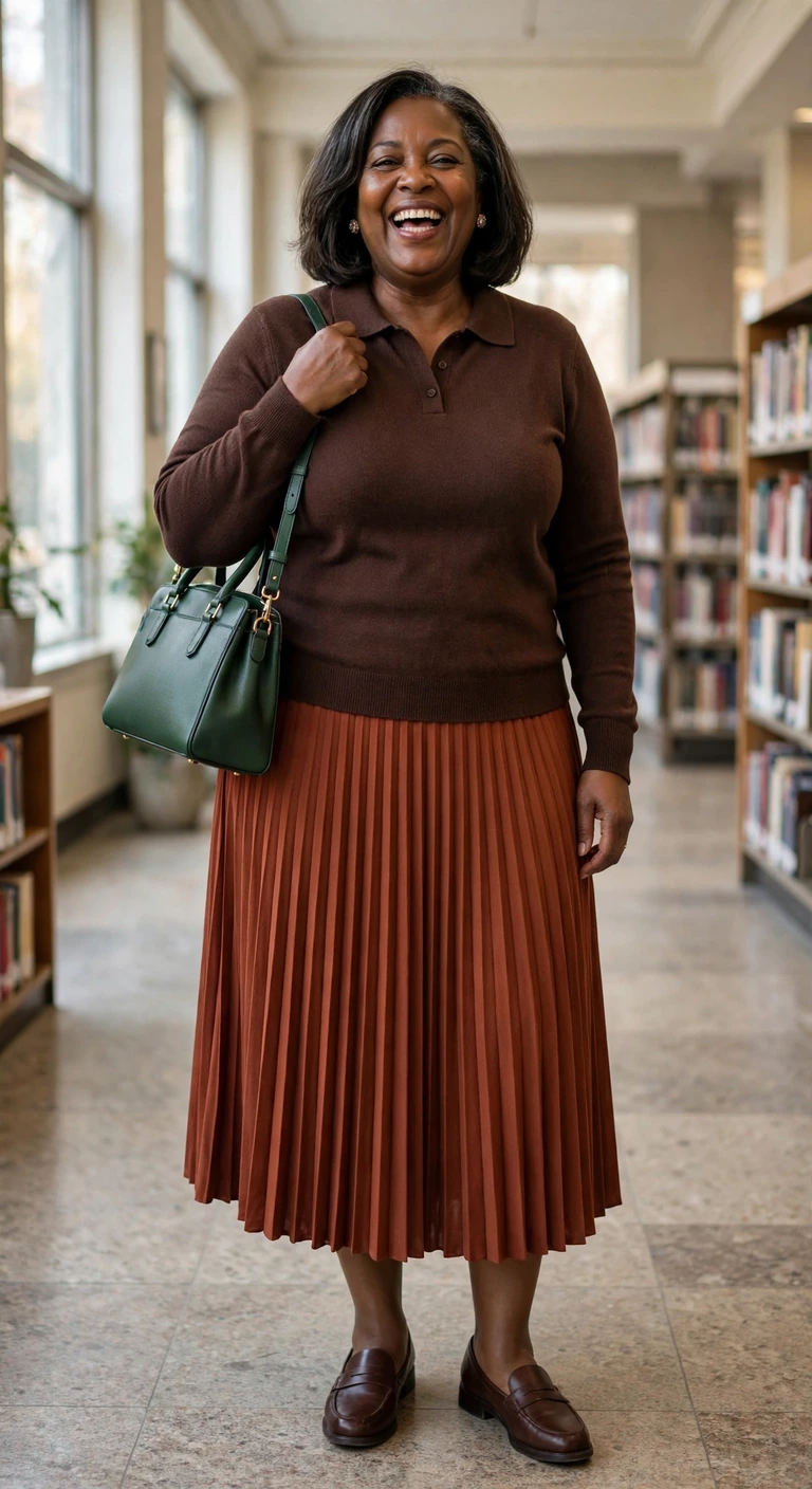 rust pleated skirt with a chocolate polo knit