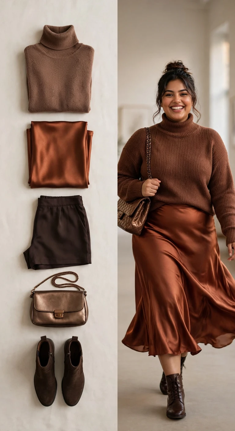 satin midi skirt with a cocoa turtleneck