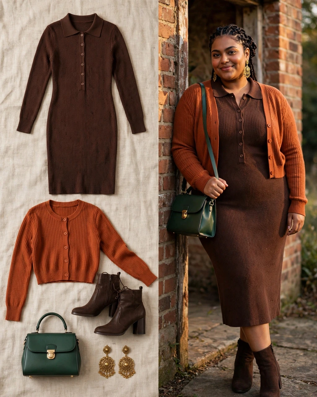 chocolate knit dress with a rust cropped cardigan