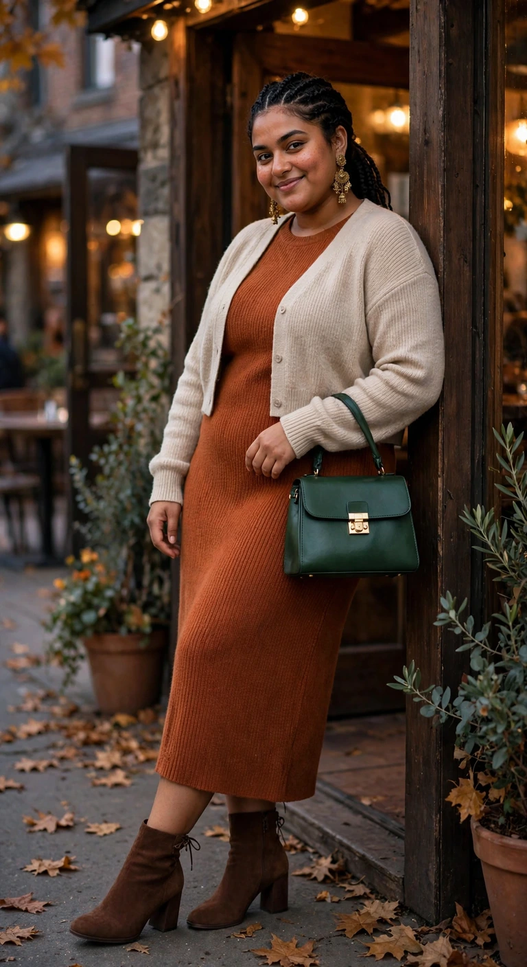 rust knit dress with an oatmeal cropped cardigan