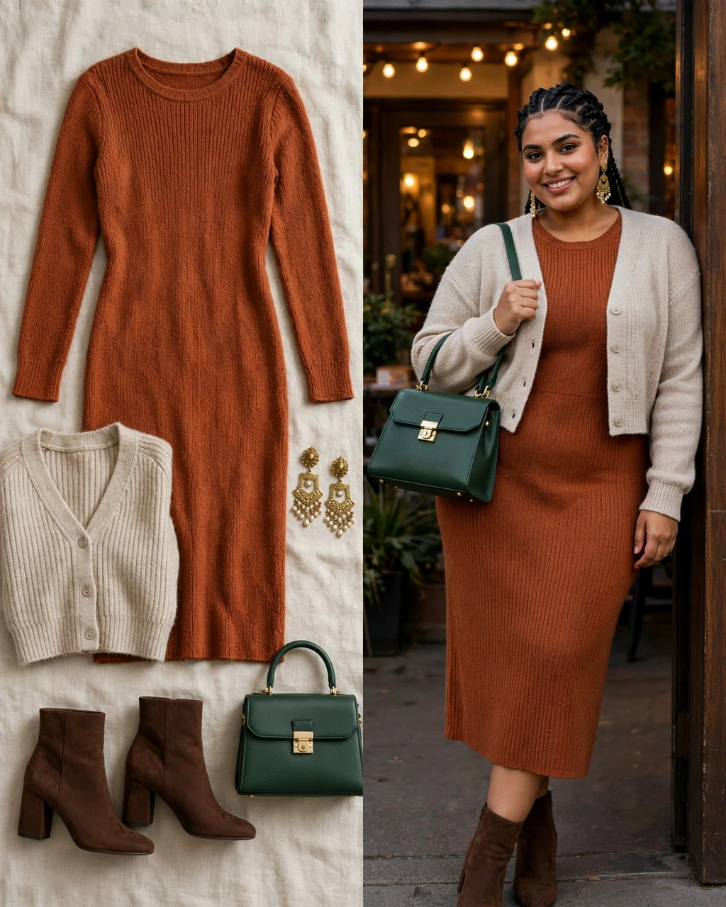 rust knit dress with an oatmeal cropped cardigan