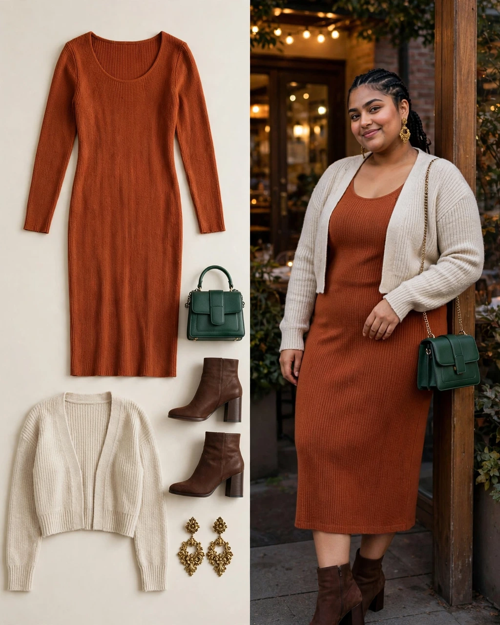 rust knit dress with an oatmeal cropped cardigan