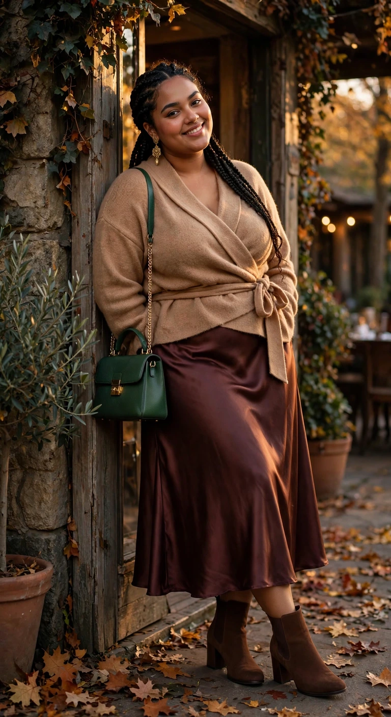 oxblood satin skirt with a camel wrap sweater