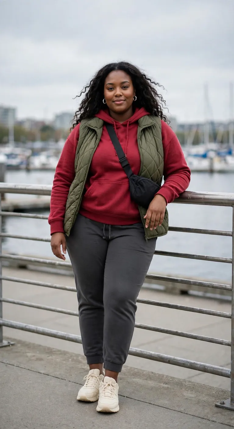 brick hoodie, graphite joggers and quilted vest