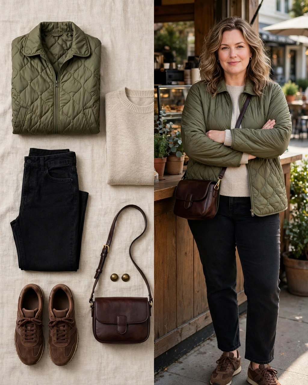 olive quilted jacket with black straight jeans