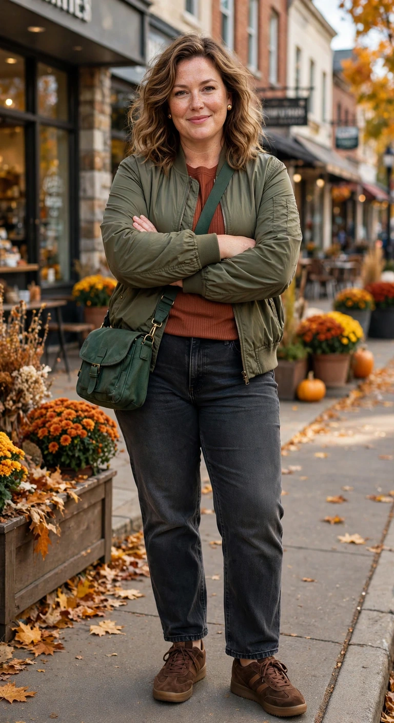 olive bomber with faded black straight jeans