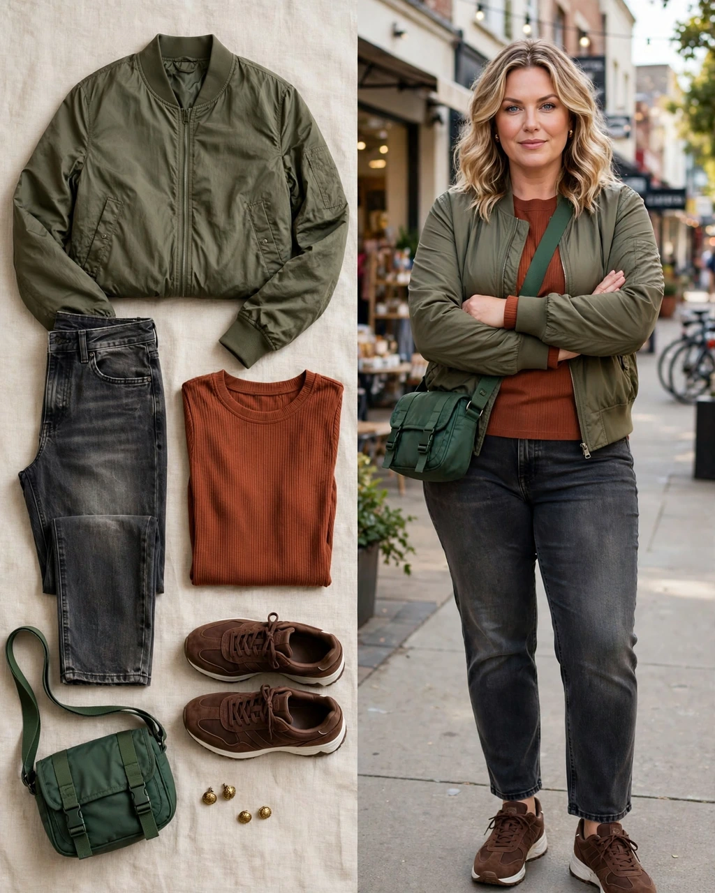 olive bomber with faded black jeans