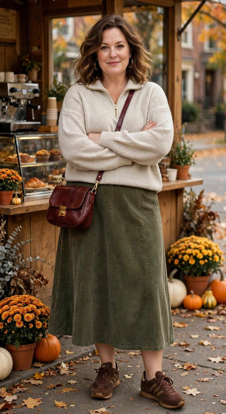 olive corduroy skirt with an oatmeal half-zip