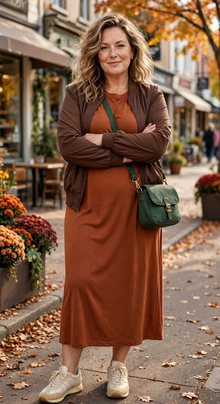 rust jersey dress with a chocolate bomber